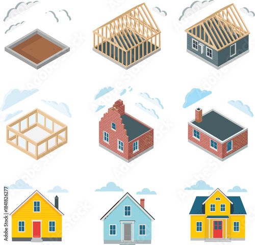 House construction stages illustration set, building progress icons showing foundation framing brickwork and completed homes