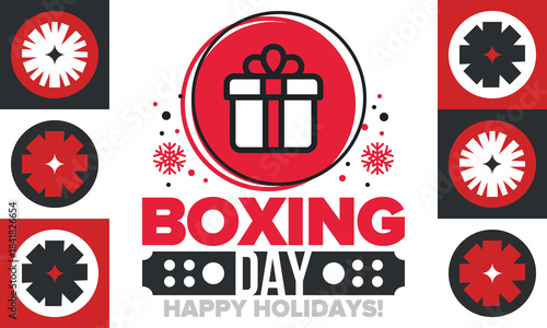 Boxing Day. Day after Christmas Day, when gifts are given! This holiday is associated with shopping and sporting events. Celebrated annually in the Great Britain on December 26th. Vector illustration