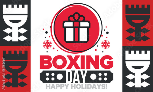 Boxing Day. Day after Christmas Day, when gifts are given! This holiday is associated with shopping and sporting events. Celebrated annually in the Great Britain on December 26th. Vector illustration