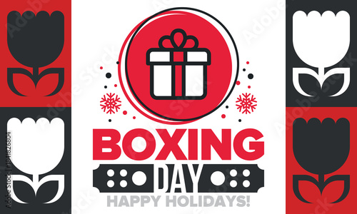 Boxing Day. Day after Christmas Day, when gifts are given! This holiday is associated with shopping and sporting events. Celebrated annually in the Great Britain on December 26th. Vector illustration