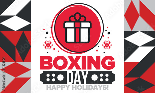 Boxing Day. Day after Christmas Day, when gifts are given! This holiday is associated with shopping and sporting events. Celebrated annually in the Great Britain on December 26th. Vector illustration