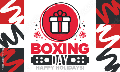 Boxing Day. Day after Christmas Day, when gifts are given! This holiday is associated with shopping and sporting events. Celebrated annually in the Great Britain on December 26th. Vector illustration