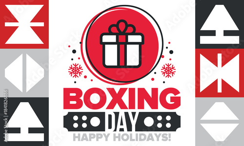 Boxing Day. Day after Christmas Day, when gifts are given! This holiday is associated with shopping and sporting events. Celebrated annually in the Great Britain on December 26th. Vector illustration