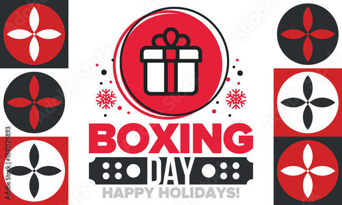 Boxing Day. Day after Christmas Day, when gifts are given! This holiday is associated with shopping and sporting events. Celebrated annually in the Great Britain on December 26th. Vector illustration