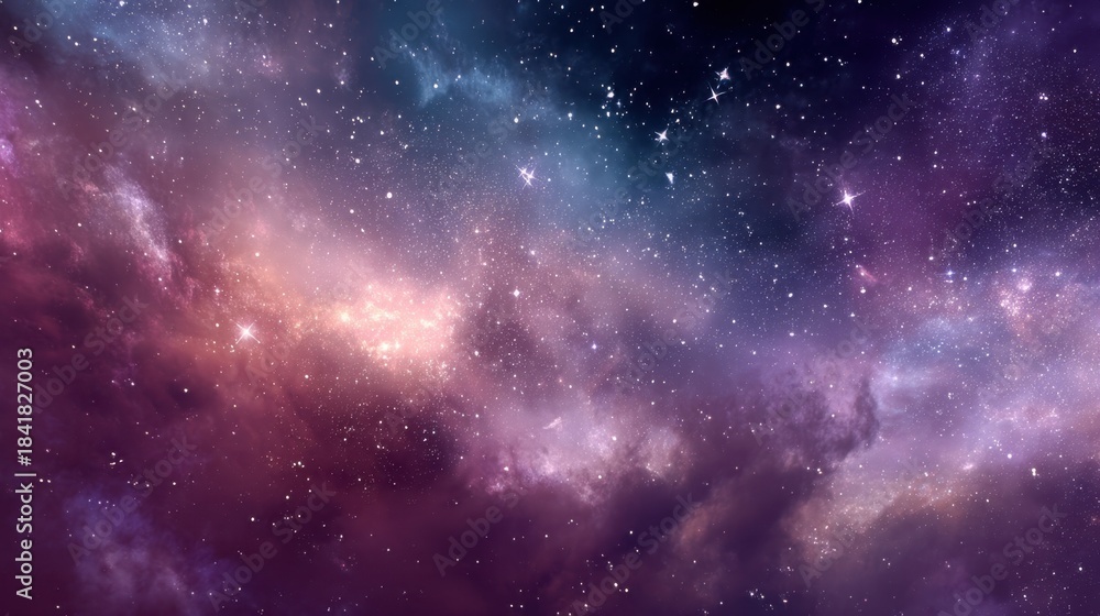 Obraz premium Bright stars twinkle in a dark sky filled with colorful clouds. The scene captures the vastness of space and the beauty of distant galaxies.