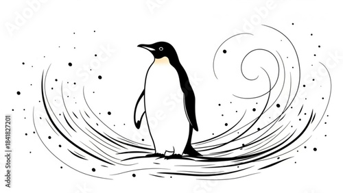 A black and white illustration of a penguin standing on ice with swirling lines and dots around it on a