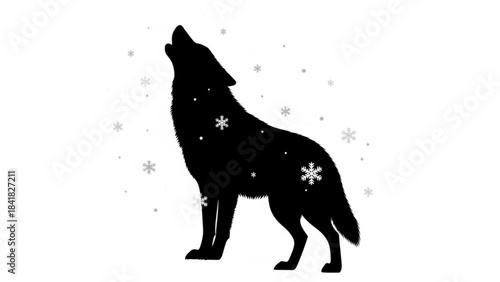 Black silhouette of a wolf howling at snowflakes isolated on with winter elements