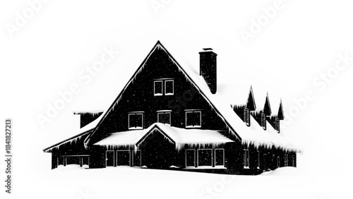 A black and white illustration of a large aframe house with snow on the roof and trees in the background isolated on