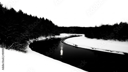 Serene winter landscape with a winding river flowing through snow covered forest and frozen banks under a white sky