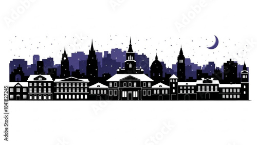 City skyline at night with buildings and a crescent moon in the sky