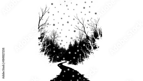Black silhouette of a winding road through a snowy forest with bare trees and snowfall isolated on
