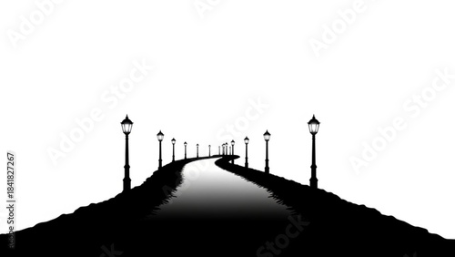Silhouette of a serene city street with lampposts on a hill isolated on