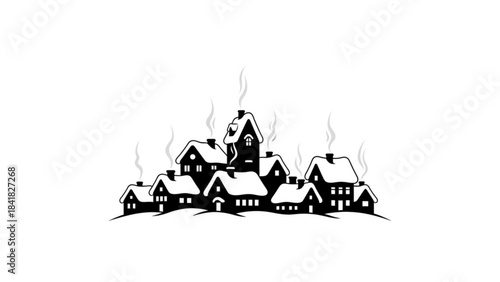 Black and white illustration of a snowy village with houses and church