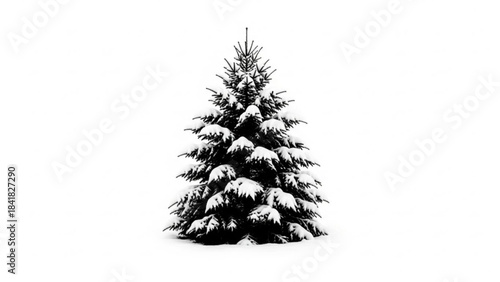 Snow covered evergreen tree isolated on in winter landscape scene