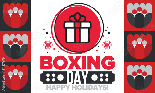 Boxing Day. Day after Christmas Day, when gifts are given! This holiday is associated with shopping and sporting events. Celebrated annually in the Great Britain on December 26th. Vector illustration