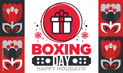 Boxing Day. Day after Christmas Day, when gifts are given! This holiday is associated with shopping and sporting events. Celebrated annually in the Great Britain on December 26th. Vector illustration