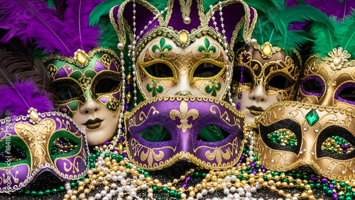 Close-up of vibrant mardi gras masks with feathers and beads symbolizing traditional carnival festival celebration in new orleans festive background
