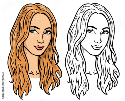 Set of female portraits, color and black outline, young woman illustration
