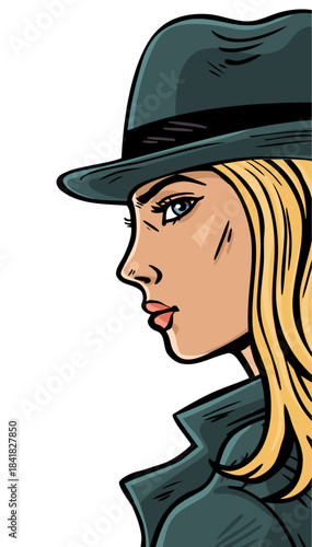 Female secret agent detective in hat, comic style portrait illustration