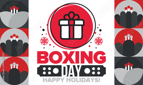 Boxing Day. Day after Christmas Day, when gifts are given! This holiday is associated with shopping and sporting events. Celebrated annually in the Great Britain on December 26th. Vector illustration