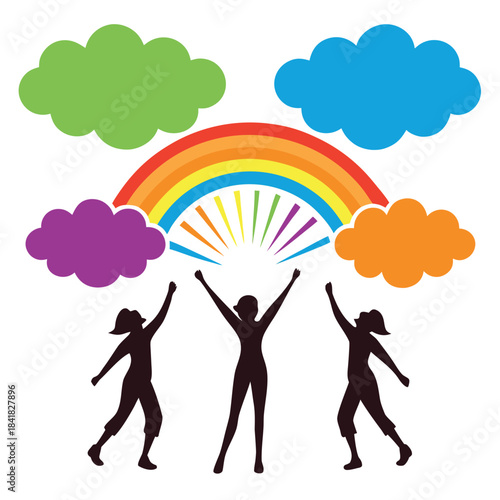 Vibrant illustration of stylized women silhouettes celebrating with raised arms under a radiant rainbow and cheerful clouds, symbolizing joy, hope, and collective happiness