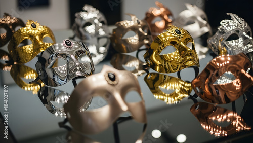 A close-up shot of a collection of ornate and reflective masquerade masks displayed on a glass table in varying shades of gold, silver, and bronze creating an elegant and mysterious ambiance