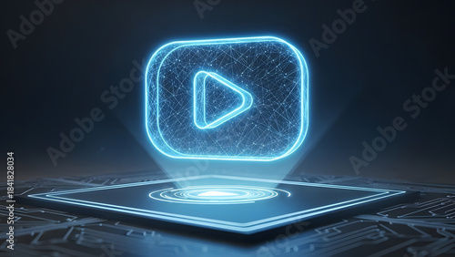 A glowing blue wireframe play button icon is rendered as a hologram above a sleek, dark technological platform, featuring intricate circuit board designs and illuminated neon elements