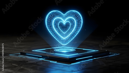 A glowing blue wireframe heart symbol is rendered as a hologram above a sleek, dark technological platform, featuring intricate circuit board designs and illuminated neon elements