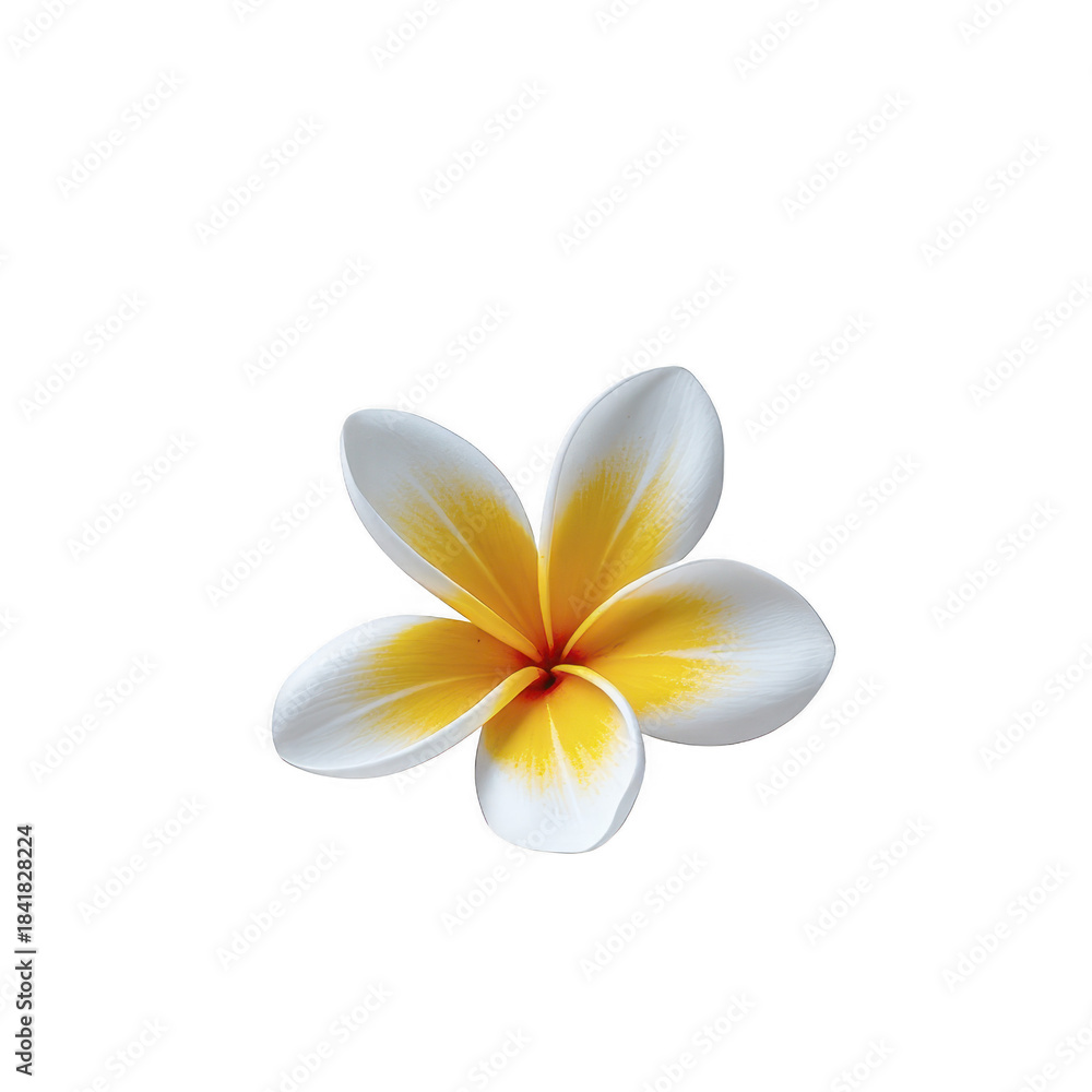 Naklejka premium White yellow plumeria flower isolated on transparent background, tropical blossom with soft petals, natural beauty, relaxation, spa, and summer vacation concept