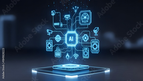 Artificial intelligence digital brain connects with smart home devices and iot network, glowing blue hologram concept of future technology and automation