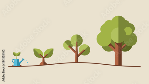 Cartoon illustration of small seedlings and trees along a gentle path in a grassy landscape.