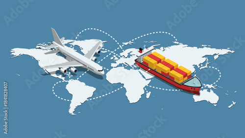 Global Travel and Transport Concept Featuring Airplane and Luggage Across a World Map.