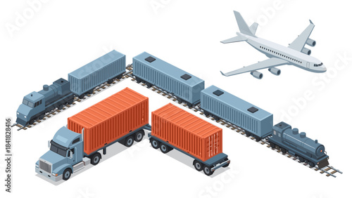 Mixed fleet of trucks and airplane illustrating global transport and logistics.