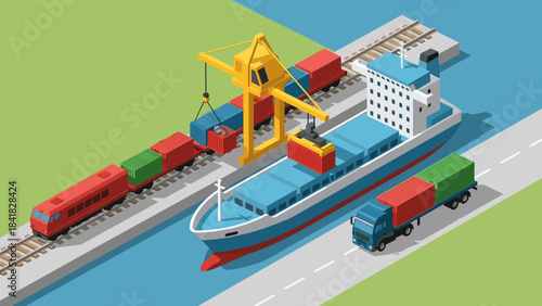 Industrial Port Scene Featuring Cranes, Containers, and Cargo Transport Infrastructure.