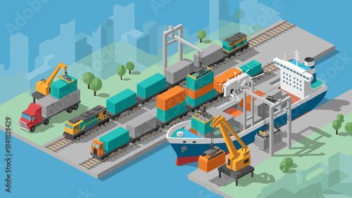 Industrial port scene featuring containers, cranes, ships, and trucks at a busy harbor terminal.