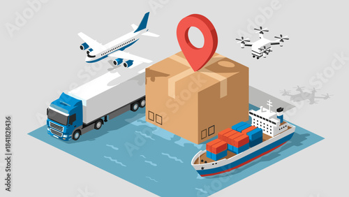 Multimodal transport and logistics with truck, ship, airplane, and cargo hub imagery.