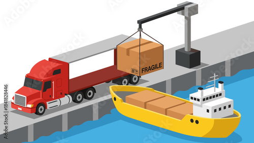 Harbor Freight and Shipping Scene with Truck, Crane, and Vessel at a Busy Port.
