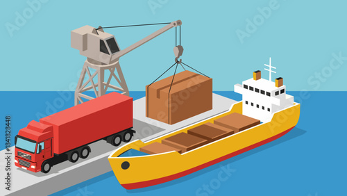 Cargo Ship and Crane Lifting Containers at Harbor with Truck and Boat.