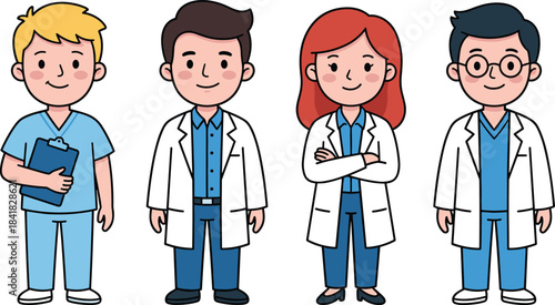 Cute cartoon style illustration of diverse professional medical team standing together, full length set of doctor and nurse characters for healthcare and hospital service, isolated vector.