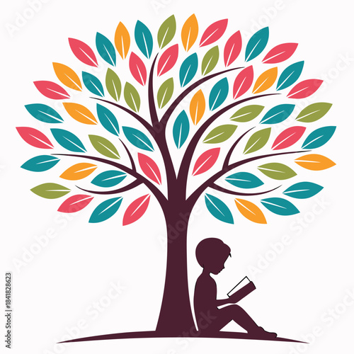 A young child sits peacefully reading a book under a vibrant, colorful tree, symbolizing knowledge and growth, illustration