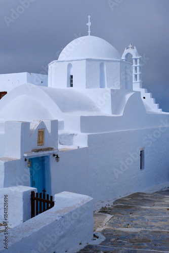 Church in Chora, Amorgos, under a grey sky