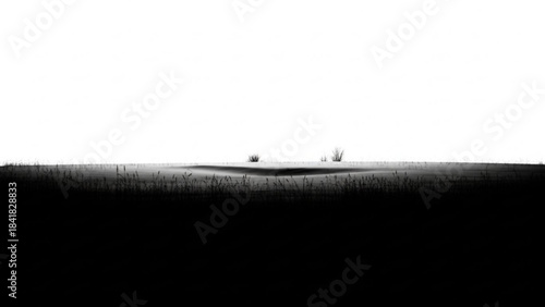 Black and white landscape photography of a vast empty terrain with two small objects in the distance isolated on