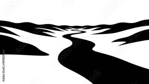 Black silhouette of a winding river landscape with hills on