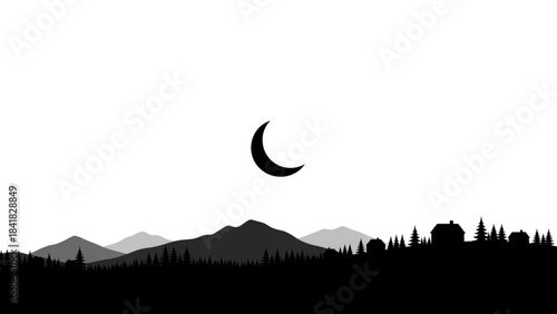 Black silhouette of crescent moon over mountain range and trees isolated on