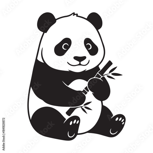 Panda and Bamboo: A charming panda sits gracefully, clutching a piece of bamboo, in a moment of tranquil reflection, embodying the gentle spirit of the wild.