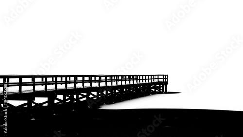 Silhouette of a long wooden pier extending over calm water at sunset isolated on