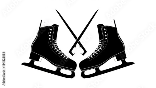 Black silhouette of ice skates and crossed hockey sticks on