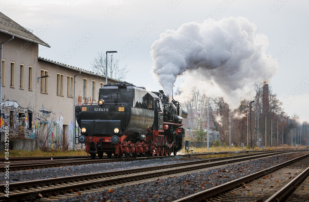 Fototapeta premium old steam train Dampflok with a lot of steam in saxony bischofswerda 528141-5 Dampflok