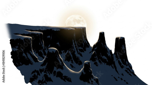 A serene mountain range silhouette at sunset with a full moon rising high isolated on