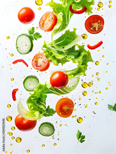 Dynamic floating vegetable salad with lettuce, tomatoes, and cucumbers for fresh design inspiration